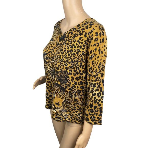 Vtg 80s Anna Gray Leopard Print Big Cat V-neck Lightweight Sweater Women’s XL - Picture 3 of 7